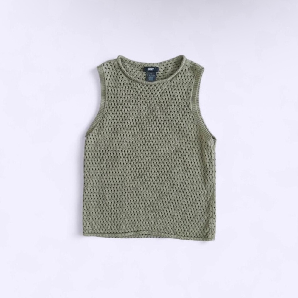 DKNY Olive Green Knit Vest Top Cutout Pattern Cotton Blend Layering